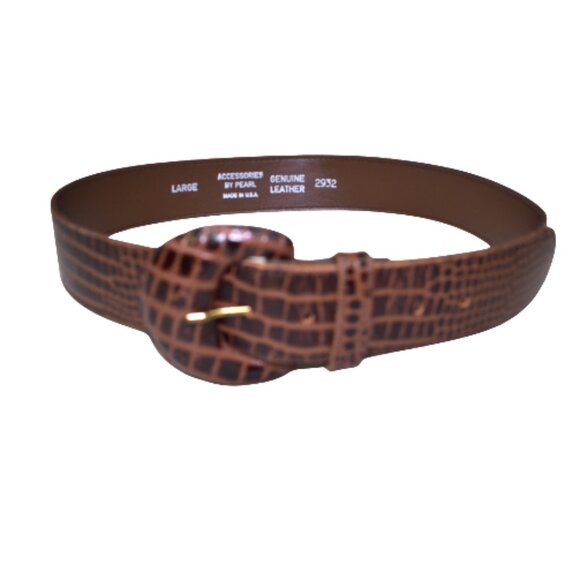 Vintage Accessories By Pearl Brown Croc Embossed Leather Belt Size Large - Picture 1 of 8
